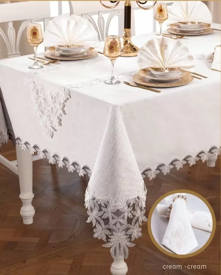 Helena Yemek Takımı Masa Seti 12 Kişilik 26 Parça 155 × 220 cml Runner Set Kreme Krem