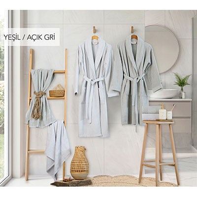 İyi Geceler İstanbul Aile Bornoz Seti Soft Linen Yeşil-Açık Gri
