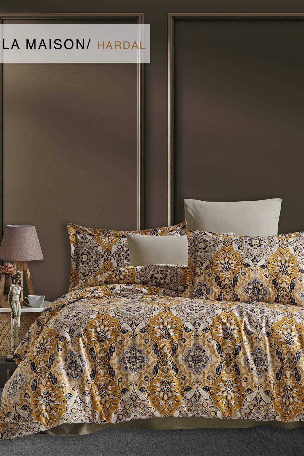 İyi Geceler İstanbul Pamuk Saten Çift Kişilik Nevresim Takımı La Masion Hardal