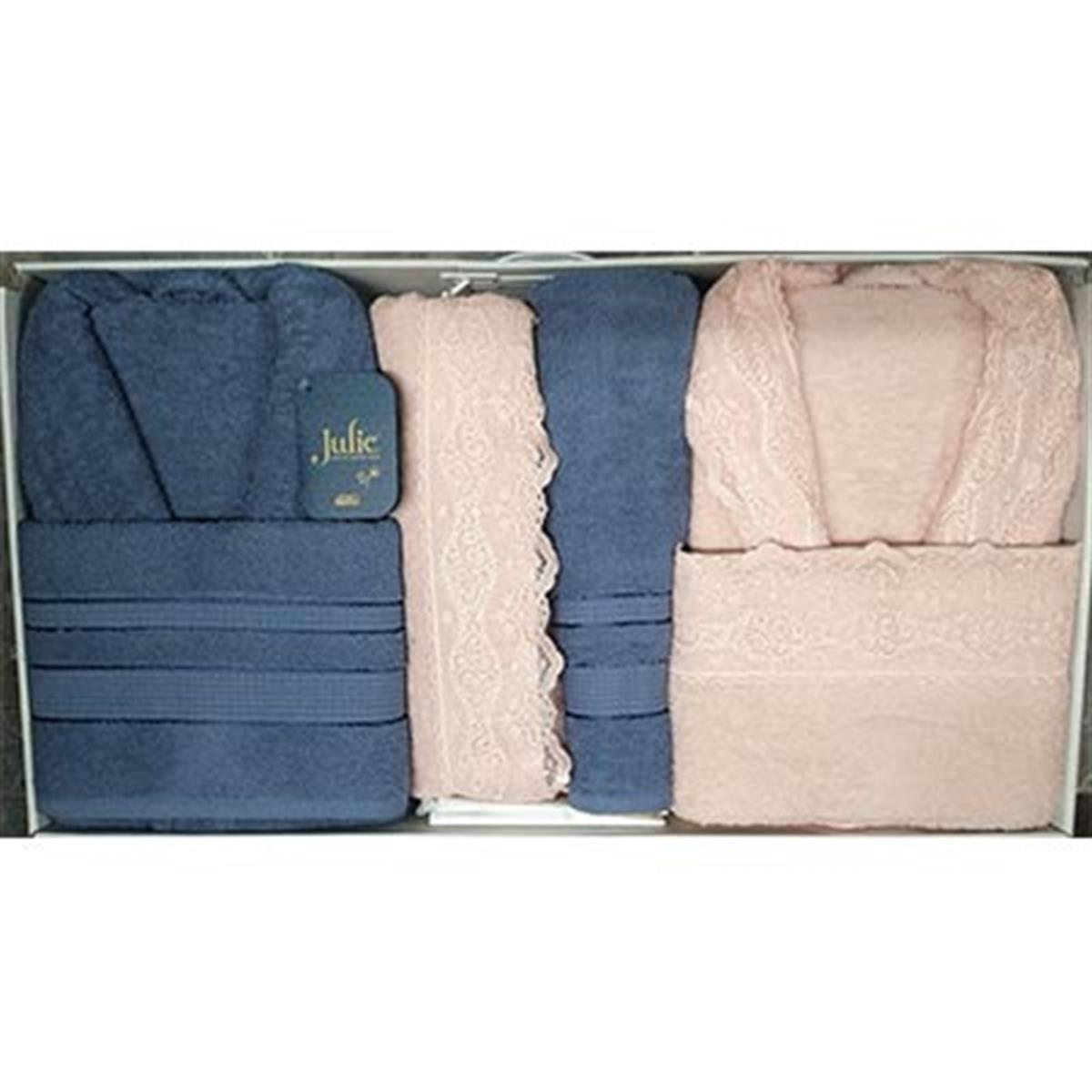 JULİE AİLE BORNOZ SETİ GÜBÜRLÜ İPEK İNDİGO - PUDRA