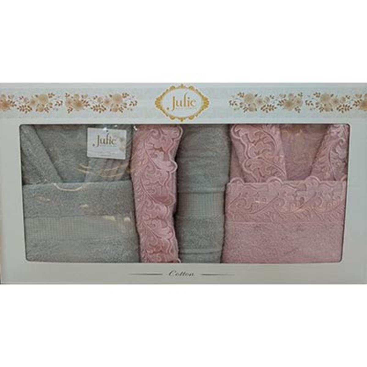 JULİE AİLE BORNOZ SETİ GÜBÜRLÜ İPEK PUDRA - GRİ