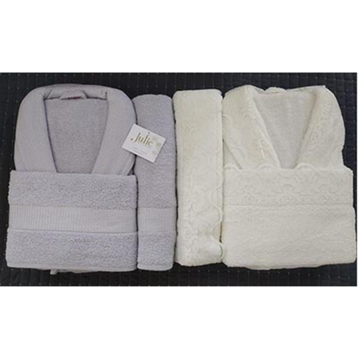 JULİE AİLE BORNOZ SETİ GÜPÜRLÜ İPEK KREM-GRİ