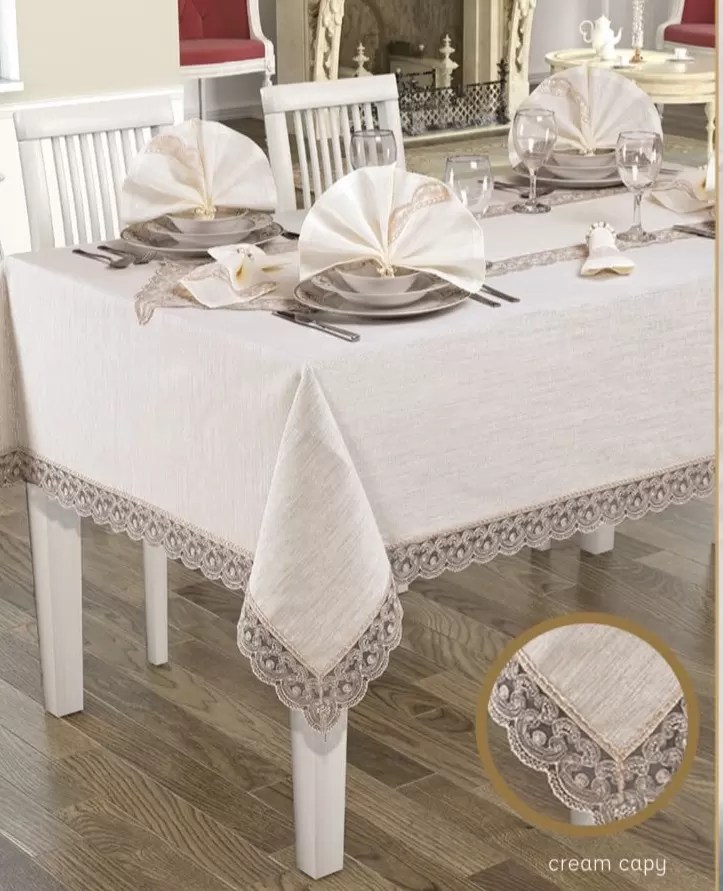 Jute Simli Linen Keten Yemek Takımı Masa Seti 12 Kişilik 26 Parça Supla Runner Set Krem-Kapiçino