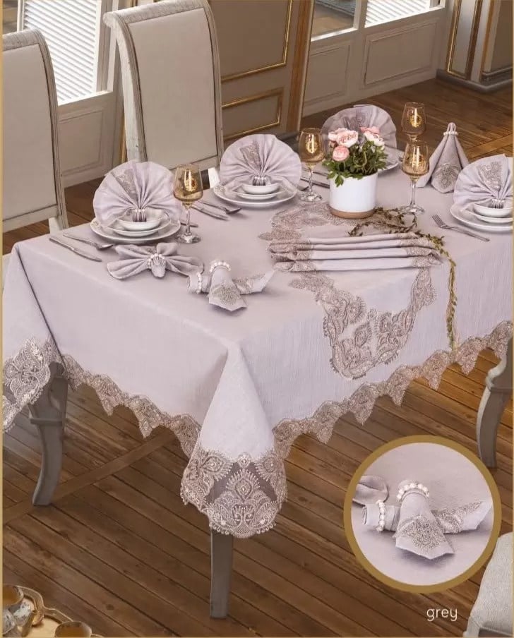 Kaktüs Gardenya Keten Yemek Takımı Masa Seti 12 Kişilik 26 Parça Supla Runner Set Gri