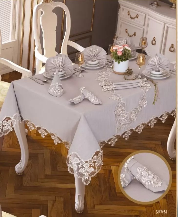 Karanfil Gardenya Keten Yemek Takımı Masa Seti 12 Kişilik 26 Parça 160 × 260 cm Runner Set Gri