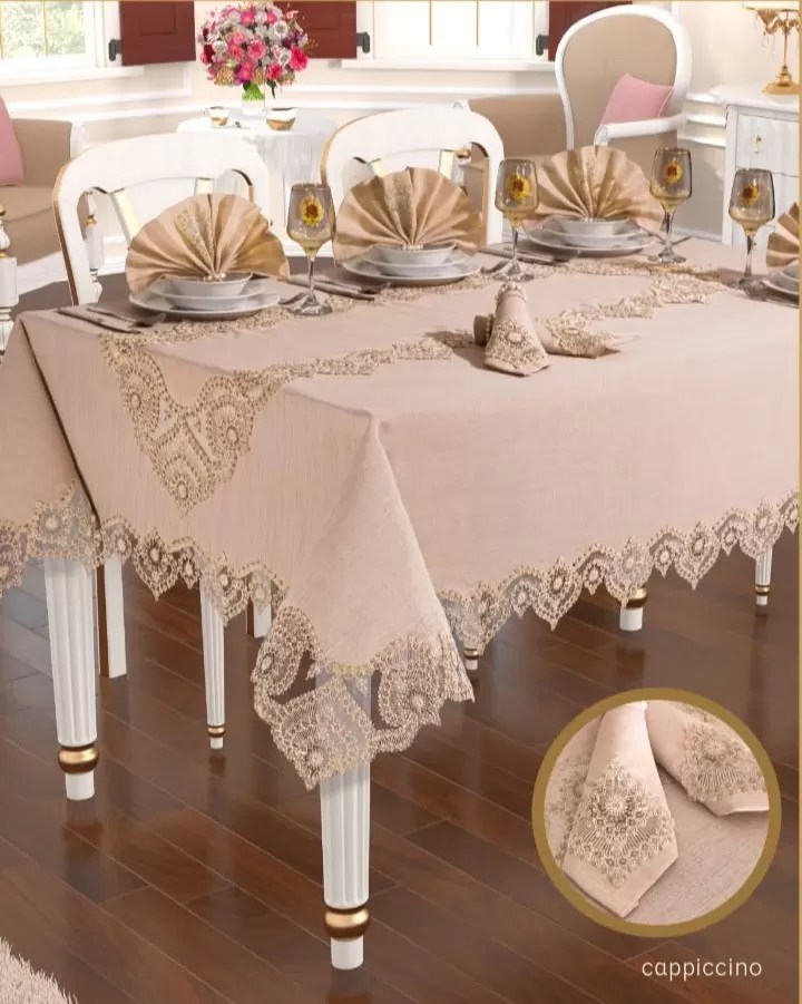 Kartanesi Gardenya Keten Yemek Takımı Masa Seti 12 Kişilik 26 Parça 160 × 220 cm Runner Set Kapiçino