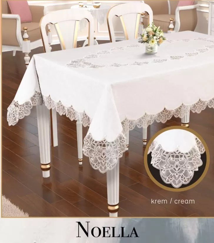 Keten Masa Örtüsü Tablecloth 155x260 cm Yemek Masası Örtüsü Noella Model Krem-Krem