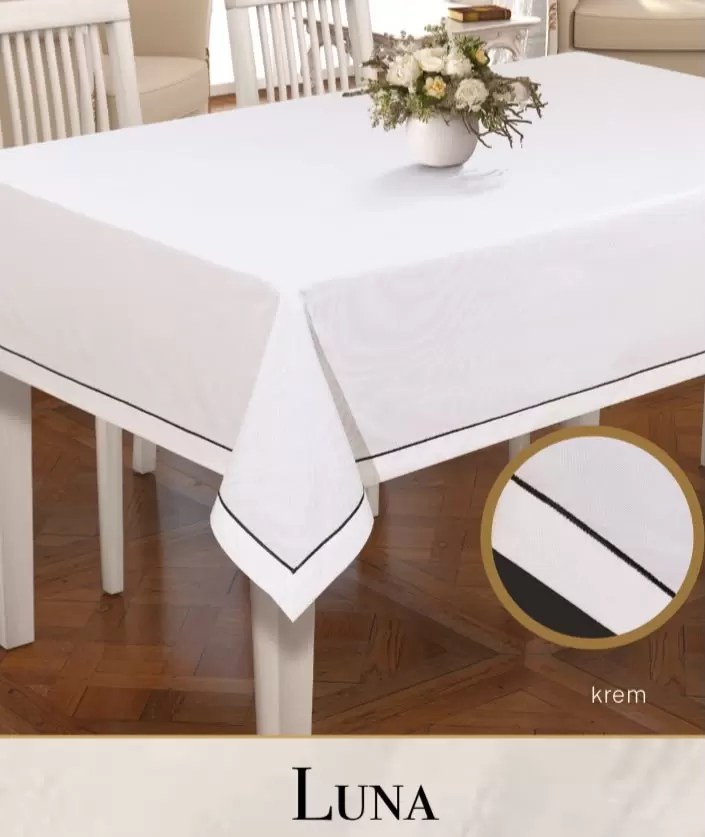 Keten Masa Örtüsü Tablecloth 160x300 cm Yemek Masası Örtüsü Luna Model Krem