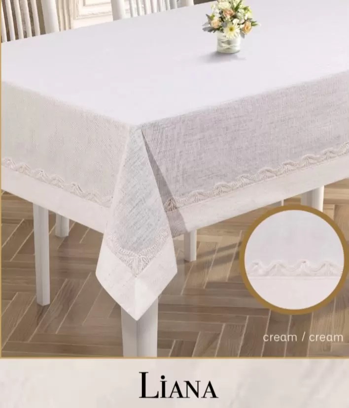 Keten Masa Örtüsü Tablecloth 160x450 cm Dantel Yemek Masası Örtüsü Liana Model Krem