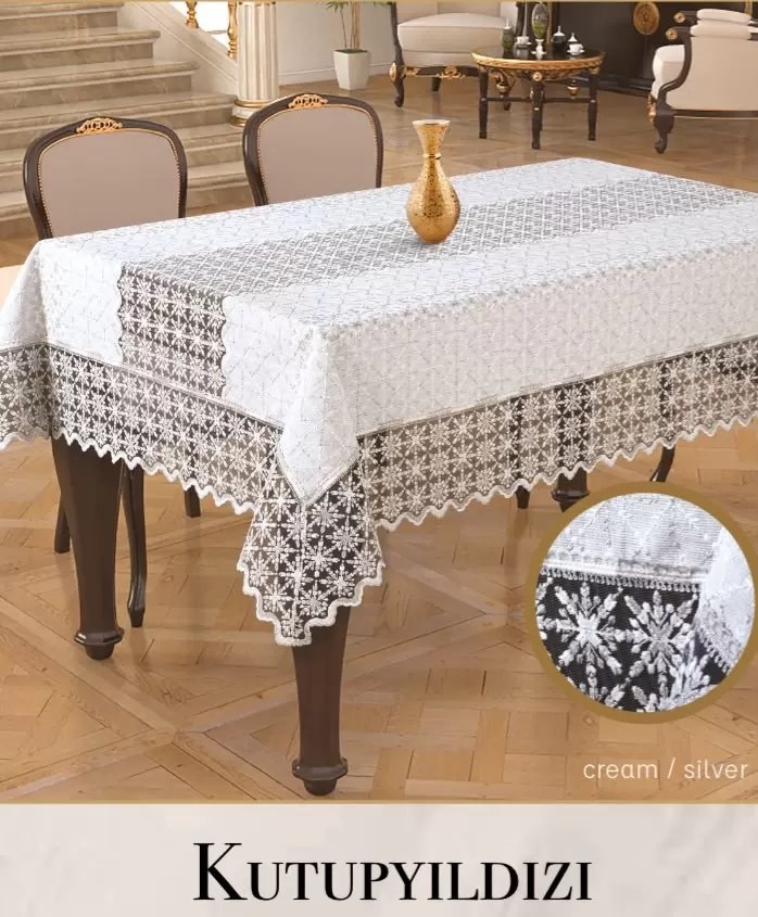 Keten Tek Masa Örtüsü 160x300 cm Dantelli Yemek Masası Örtüsü Kutupyıldızı Model Krem-Silver