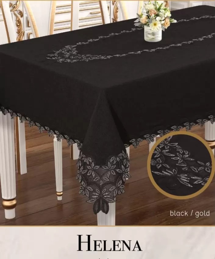 Keten Tek Masa Örtüsü Masa Örtüsü 160x220 cm Dantelli Yemek Masası Örtüsü Helena Model Siyah