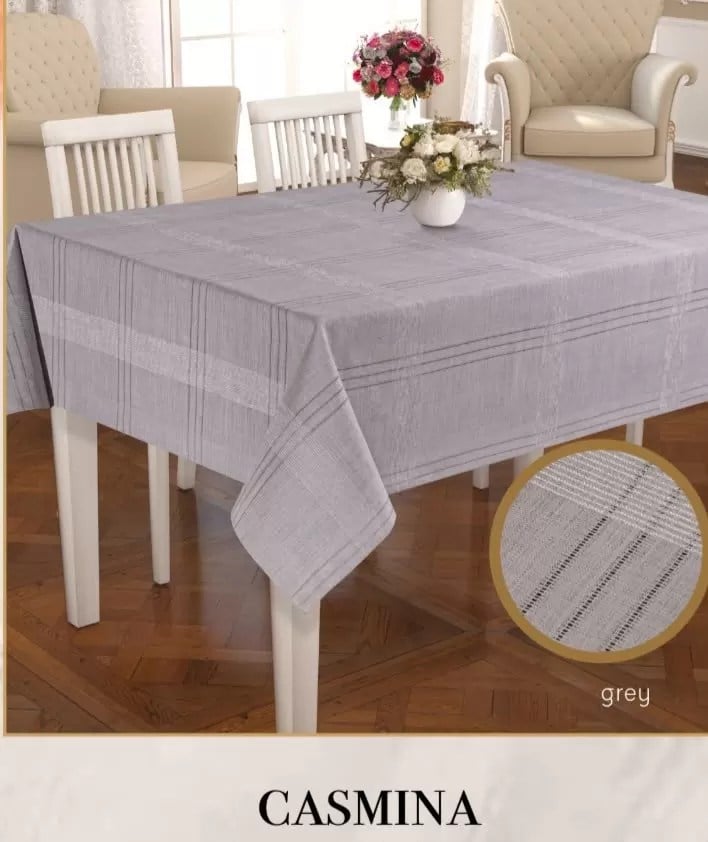 Keten Tek Masa Örtüsü Tablecloth 150x350 cm Çizgili Yemek Masası Örtüsü Casmina Model Gri