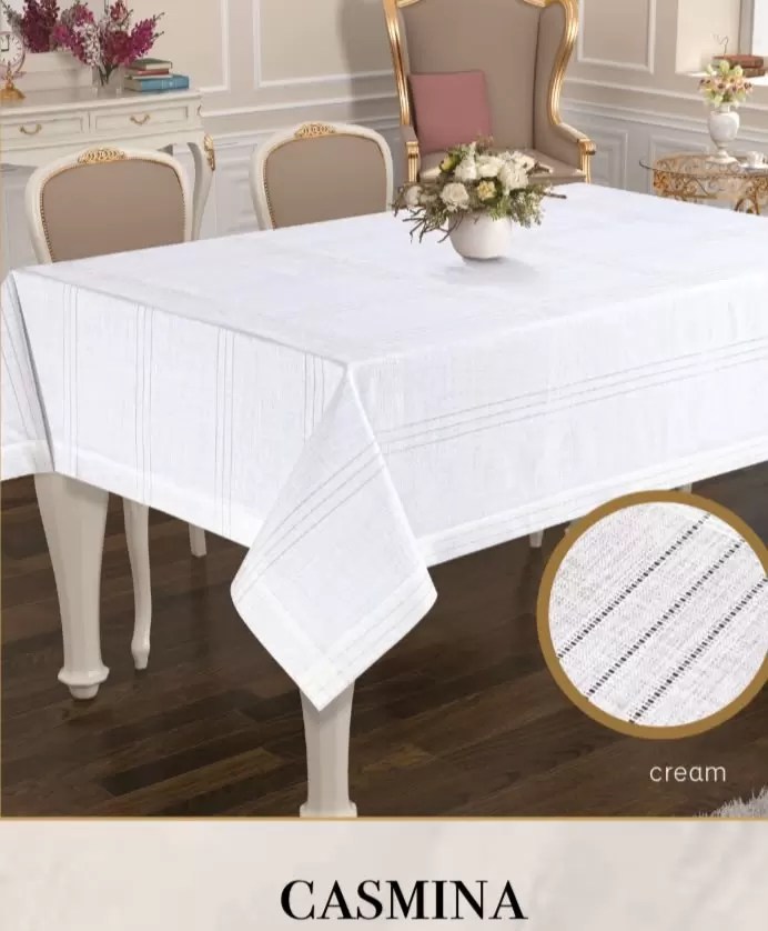 Keten Tek Masa Örtüsü Tablecloth 150x350 cm Çizgili Yemek Masası Örtüsü Casmina Model Krem