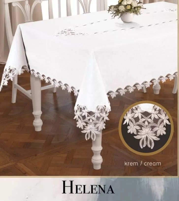 Keten Tek Masa Örtüsü Tablecloth 155x260 cm Dantelli Yemek Masası Örtüsü Helena Model Krem