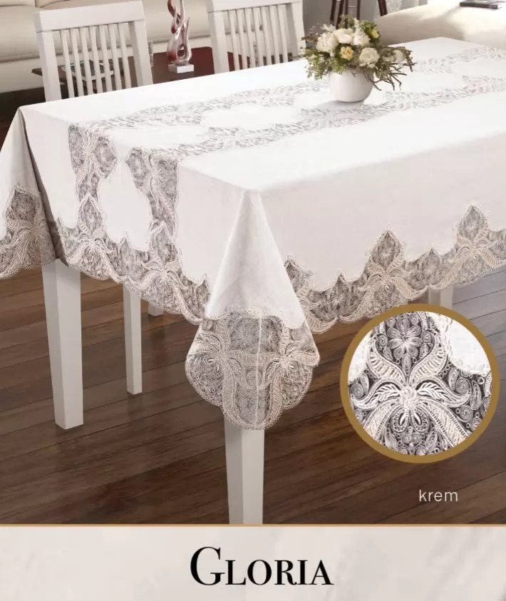 Keten Tek Masa Örtüsü Tablecloth 160x220 cm Dantelli Yemek Masası Örtüsü Gloria Model Krem