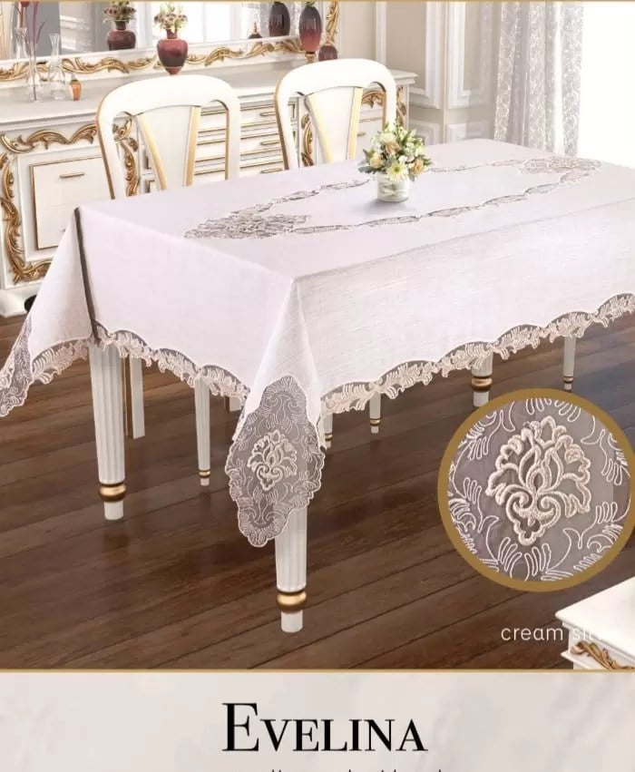 Keten Tek Masa Örtüsü Tablecloth 160x220 cm Dantelli Yemek Masası Örtüsü Evelina Model Krem-Silver