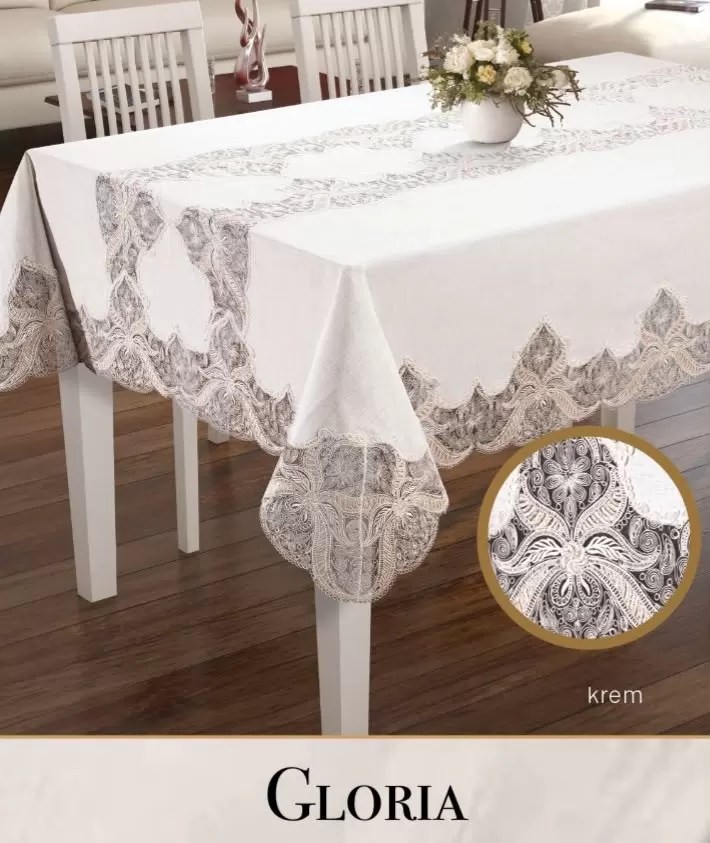 Keten Tek Masa Örtüsü Tablecloth 160x260 cm Dantelli Yemek Masası Örtüsü Gloria Model Krem