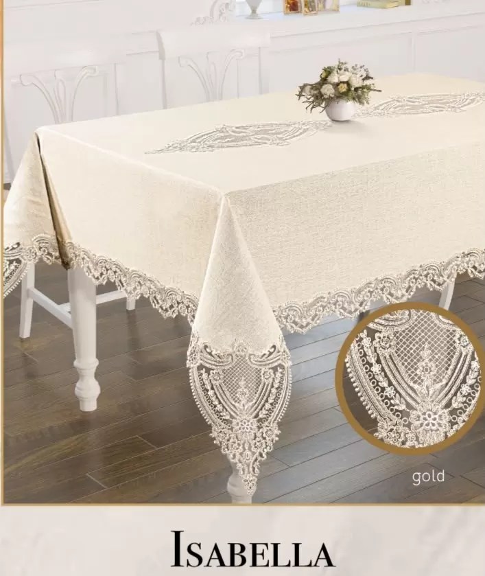 Keten Tek Masa Örtüsü Tablecloth 160x350 cm Dantelli Yemek Masası Örtüsü Isabella Model Gold