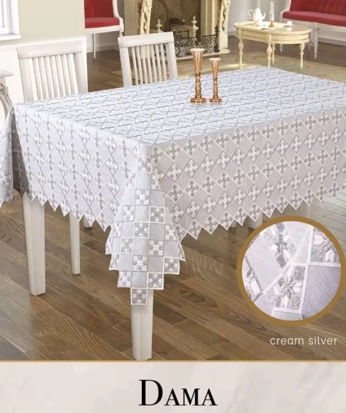 Keten Tek Masa Örtüsü Tablecloth 160x400 cm Desenli Yemek Masası Örtüsü Dama Model Krem-Silver