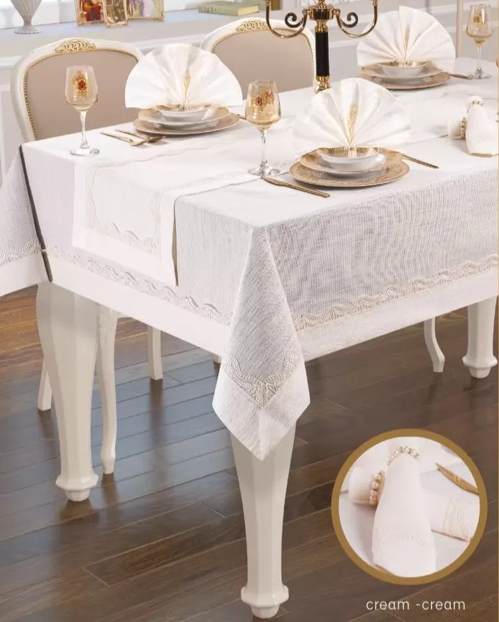 Liana Yemek Takımı Masa Seti 12 Kişilik 26 Parça 155 × 220 cm Runner Set Krem-Krem