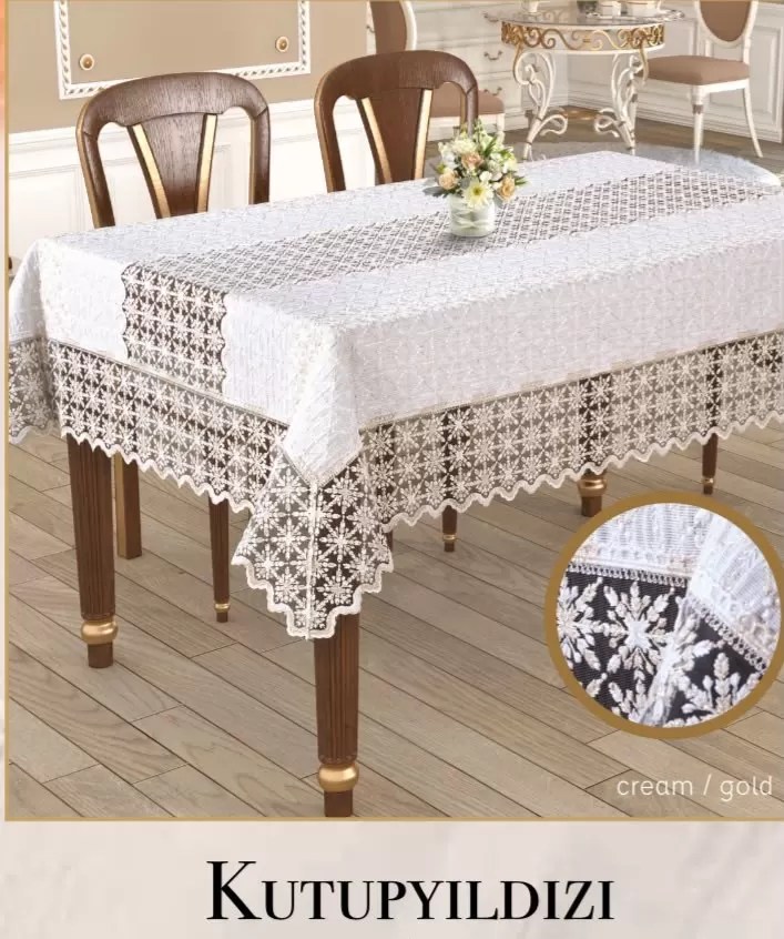 Linen Tek Masa Örtüsü 160x220 cm Dantelli Yemek Masası Örtüsü Kutupyıldızı Model Krem-Gold