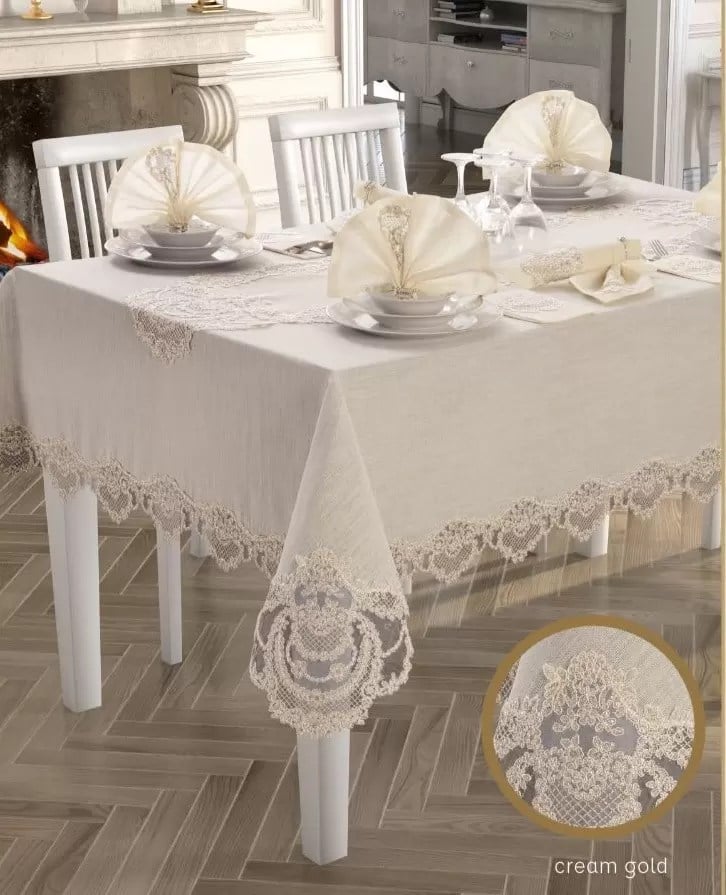 Lüx Gardenya Linen Keten Yemek Takımı Masa Seti 12 Kişilik 26 Parça Supla Runner Set Krem-Gold