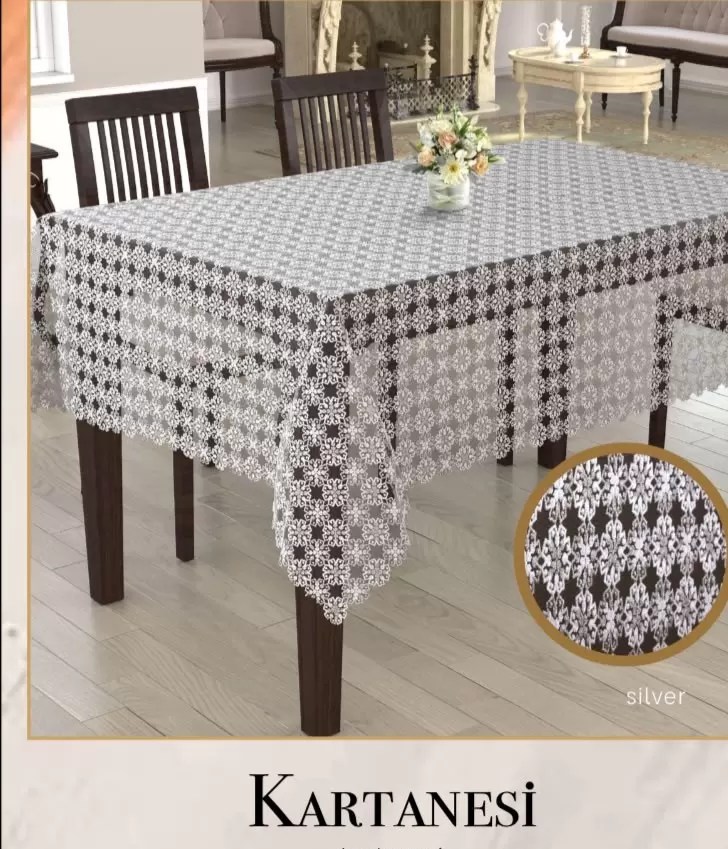 Masa Örtüsü Tablecloth 150x260 cm Dantel Masası Örtüsü Kartanesi Selinda Model Krem-Silver