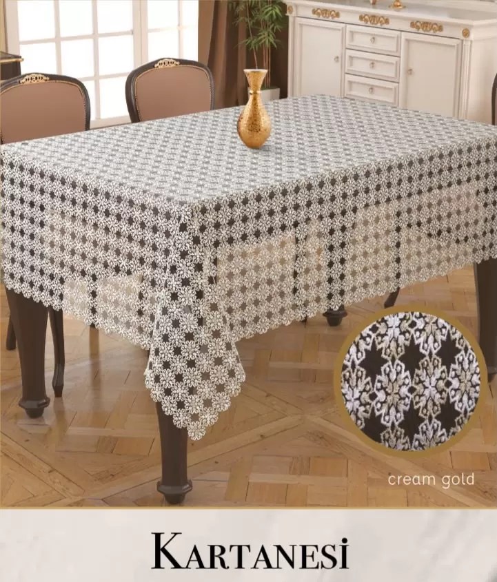 Masa Örtüsü Tablecloth 150x350 cm Dantel Masası Örtüsü Kartanesi Selinda Model Krem-Gold