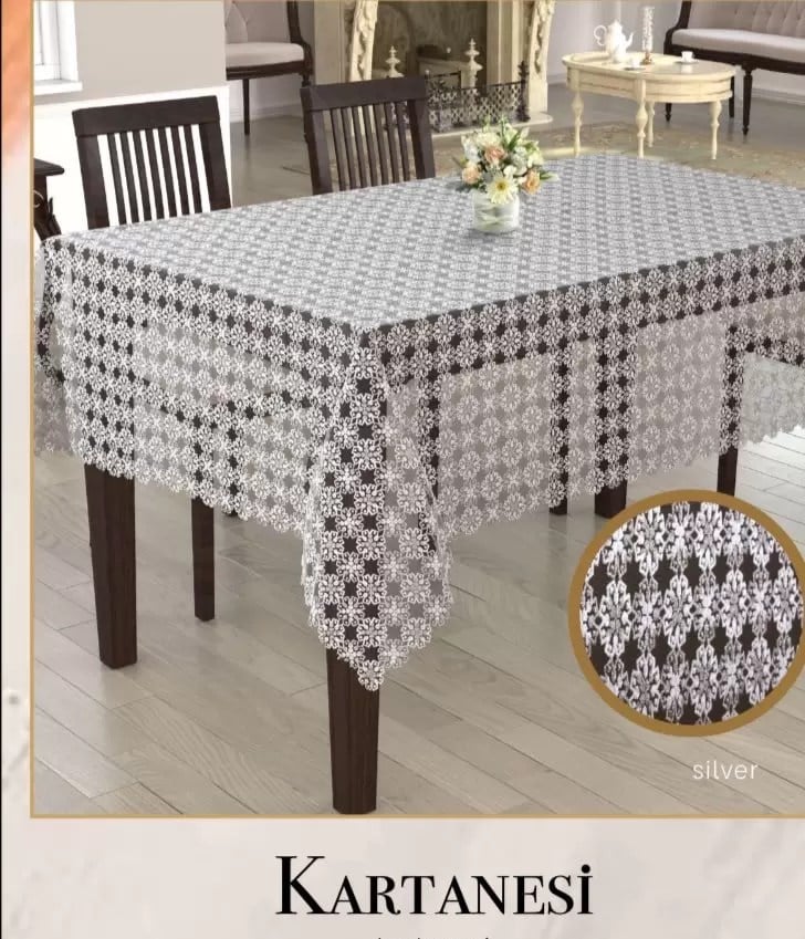 Masa Örtüsü Tablecloth 150x450 cm Dantel Masası Örtüsü Kartanesi Selinda Model Krem-Silver