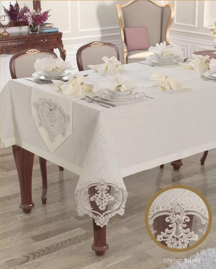 Mine Linen Yemek Takımı Masa Seti 12 Kişilik 26 Parça Supla Runner Set Krem-Silver