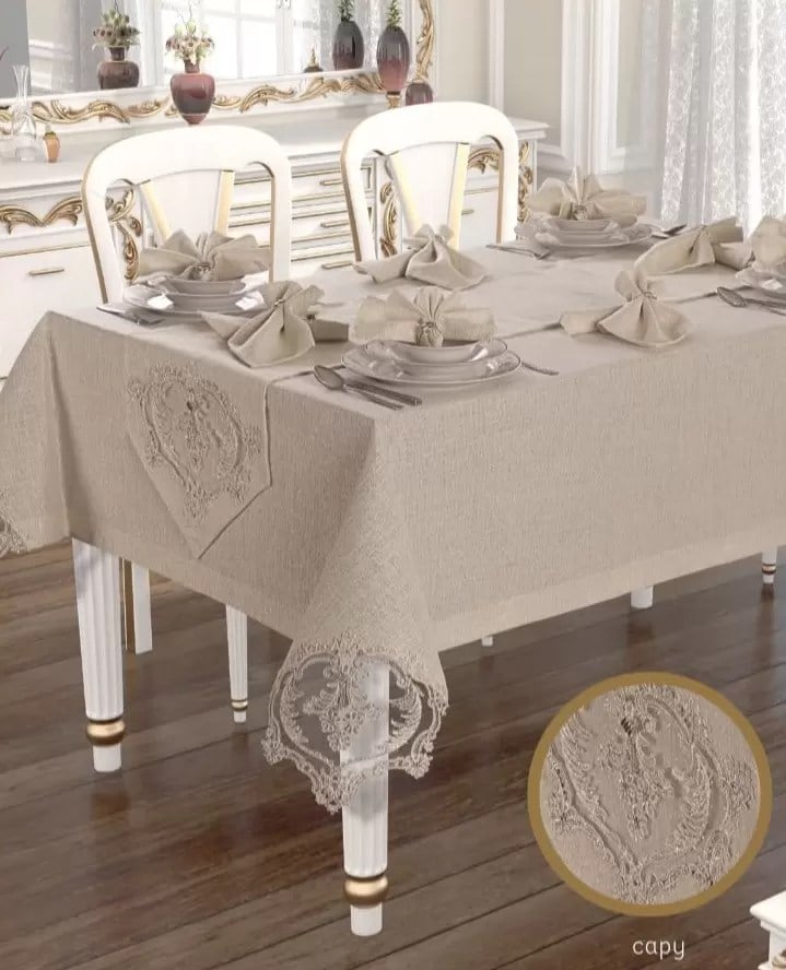 Mine Linen Yemek Takımı Masa Seti 12 Kişilik 26 Parça Supla Runner Set Kapiçino