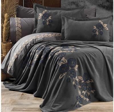 Nazik Home Çiçek Nakışlı Çift Kişilik Nevresimli Pike Takımı Oasis Antrasit 9 Parça