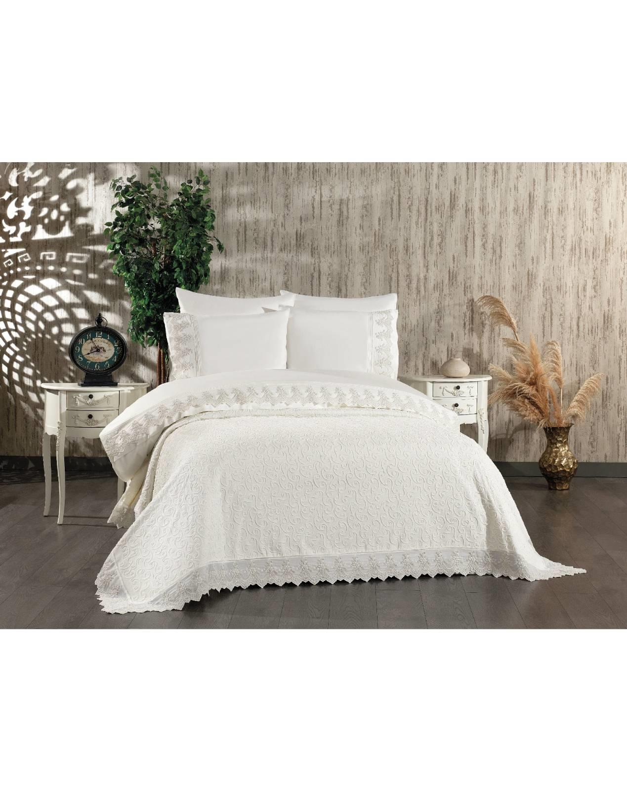 Nazik Home Çift Kişilik %100 Pamuk Nevresimli Pike Takımı Tual Krem