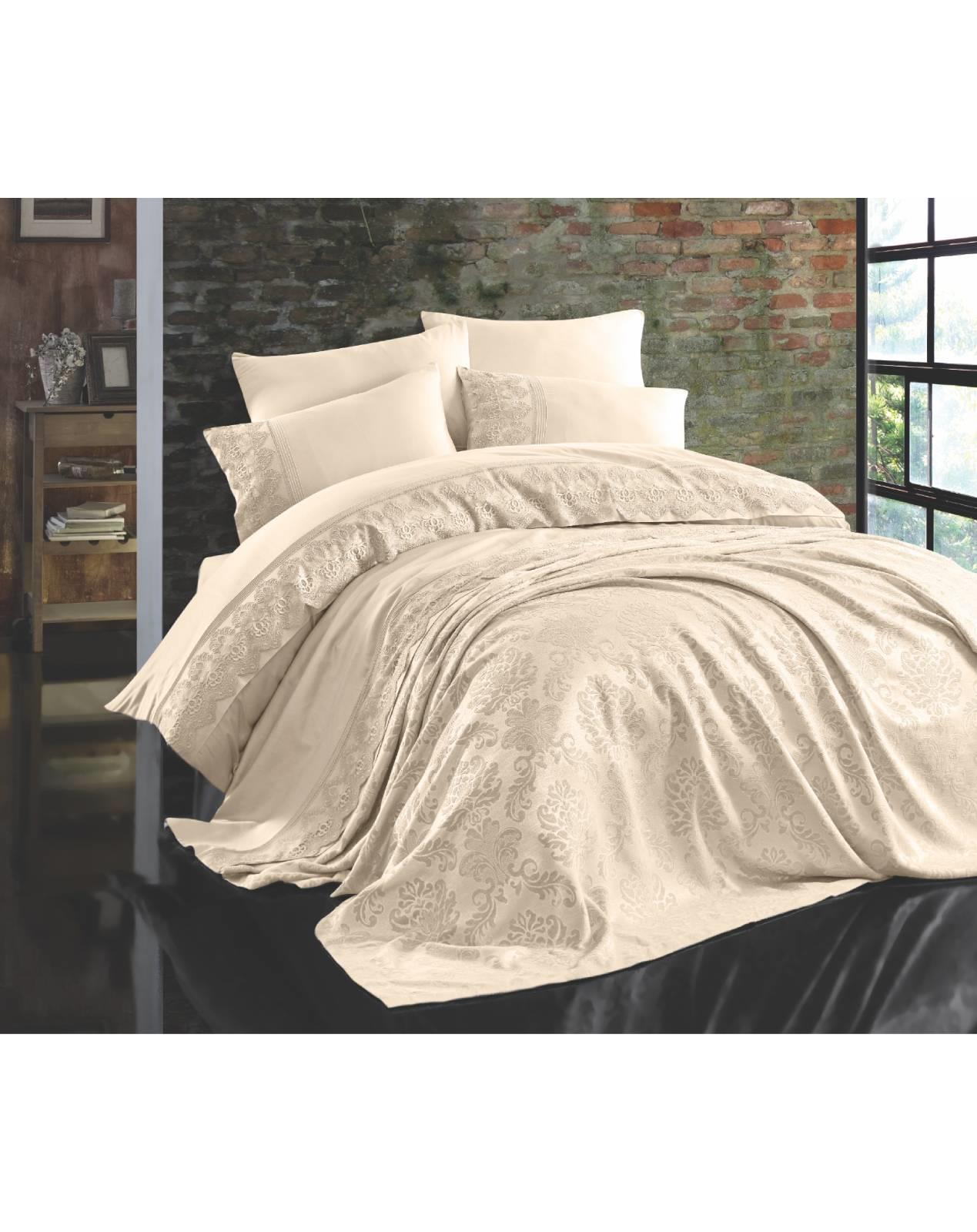 Nazik Home Çift Kişilik %100 Pamuk Nevresimli Pike Takımı Valeria Bej