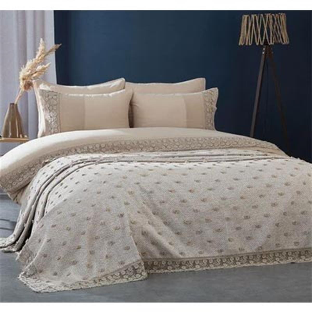 Nazik Home Çift Kişilik Nevresimli Pike Seti Venüs Dantelli Vizon 7 Parça