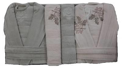 Pupilla 6 Parça Kadife Aile Bornoz Seti Rita Gül Kurusu-Açık Gri