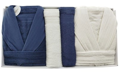 PUPILLA AİLE BORNOZ SETİ COTTON ATHENA EKRU - LACİVERT