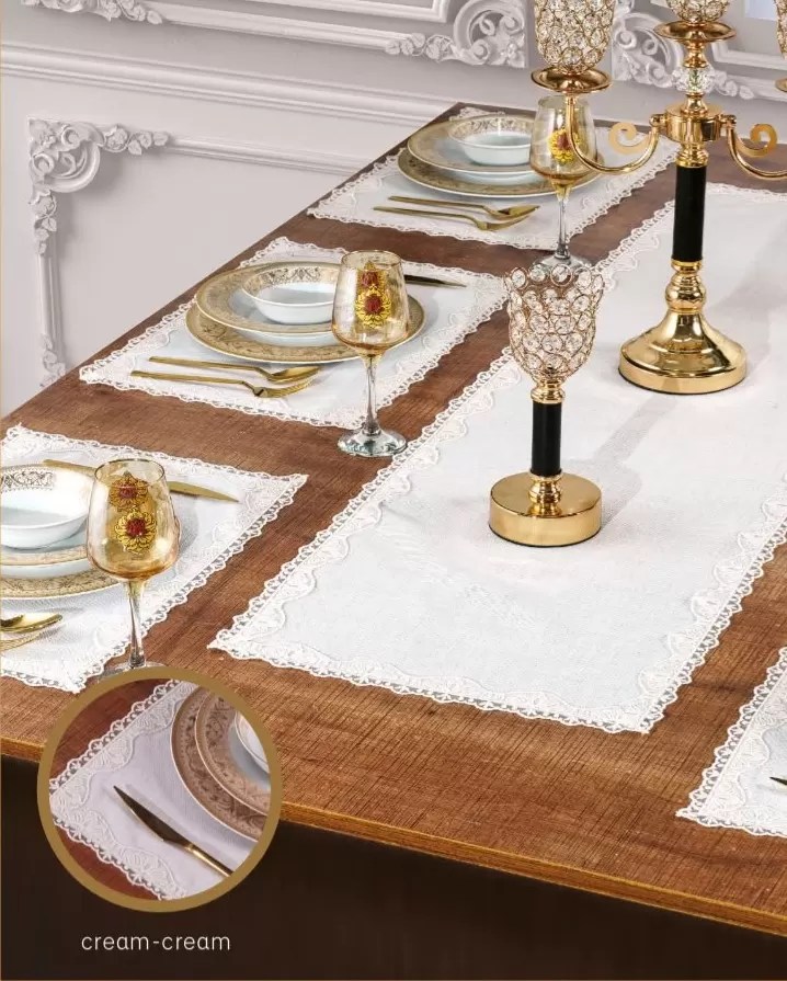 Selvi  Yemek Takımı Masa Seti 6 Kişilik 7 Parça Supla Runner Set Krem-Krem