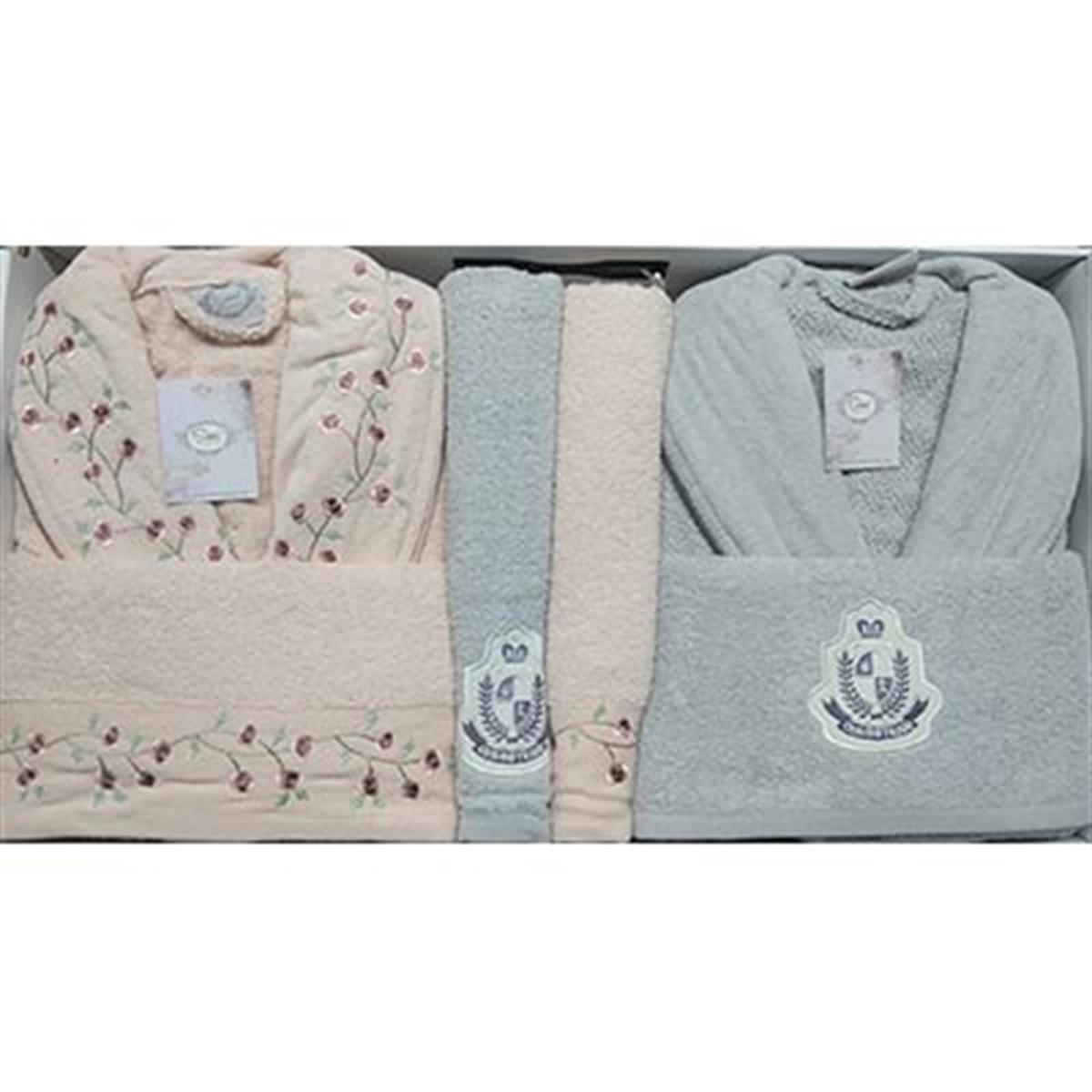 ŞIKEL AİLE BORNOZ SETİ COTTON NAKIŞLI ELSA PUDRA-GRİ