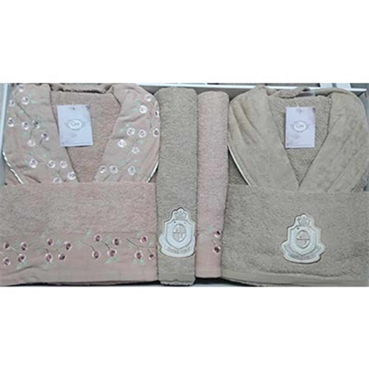 ŞIKEL AİLE BORNOZ SETİ COTTON NAKIŞLI ELSA G.KURUSU-KAHVE