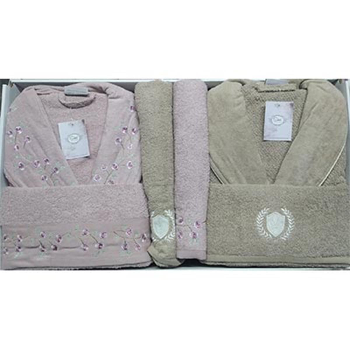 ŞIKEL AİLE BORNOZ SETİ COTTON NAKIŞLI ELSA LİLA-KAHVE