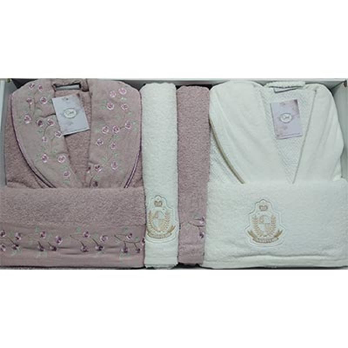 ŞIKEL AİLE BORNOZ SETİ COTTON NAKIŞLI ELSA LİLA-KREM