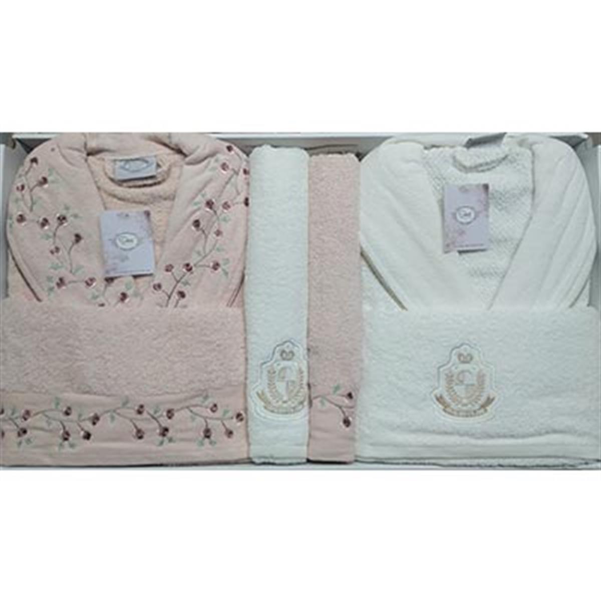 ŞIKEL AİLE BORNOZ SETİ COTTON NAKIŞLI ELSA PUDRA-KREM