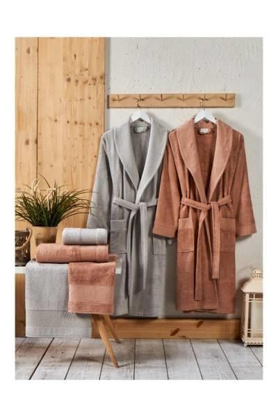 Şıkel Aile Bornoz Seti Jakarlı Bambu Gri-Somon