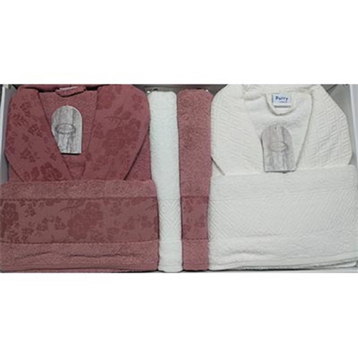 ŞIKEL AİLE BORNOZ SETİ JAKARLI COTTON PURRY BEYAZ-KİREMİT