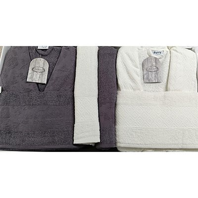 Şıkel Aile Bornoz Seti Jakarlı Cotton Purry Krem - Mor