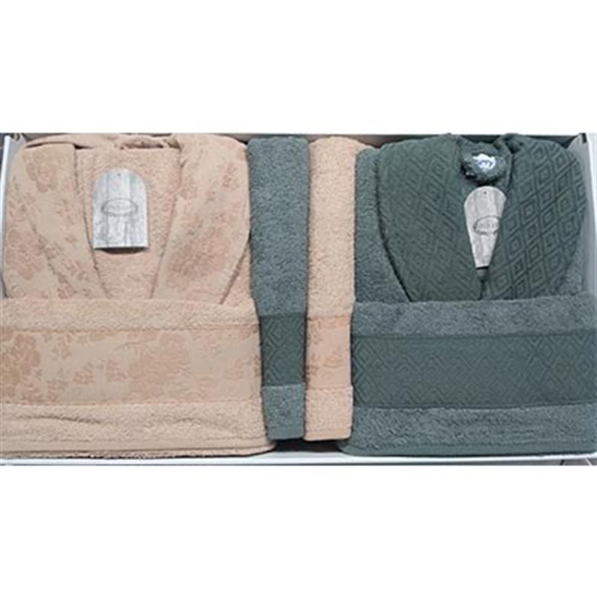 ŞIKEL AİLE BORNOZ SETİ JAKARLI COTTON PURRY YEŞİL-SOMON