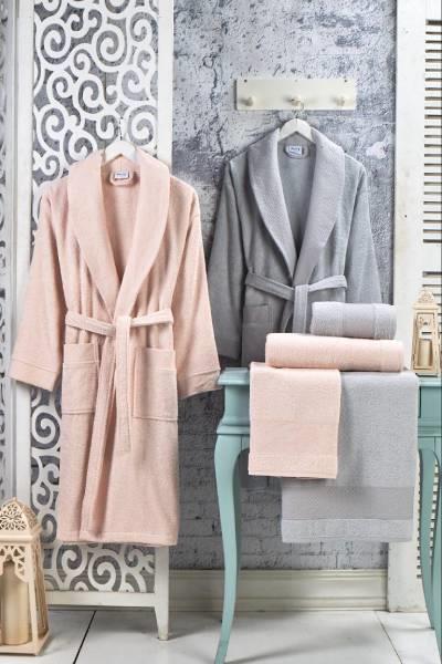 Şıkel Aile Bornoz Seti Jakarlı Cotton Purry Antrasit-Pudra