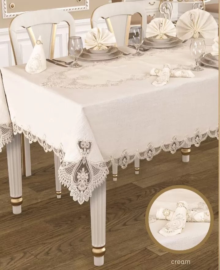Taç Mahal Gardenya Keten Yemek Takımı Masa Seti 12 Kişilik 26 Parça Supla Runner Set Krem