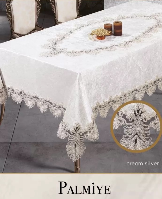 Velvet Kadife Tek Masa Örtüsü 160x260 cm Dantelli Yemek Masası Örtüsü Palmiye Model Krem-Gri